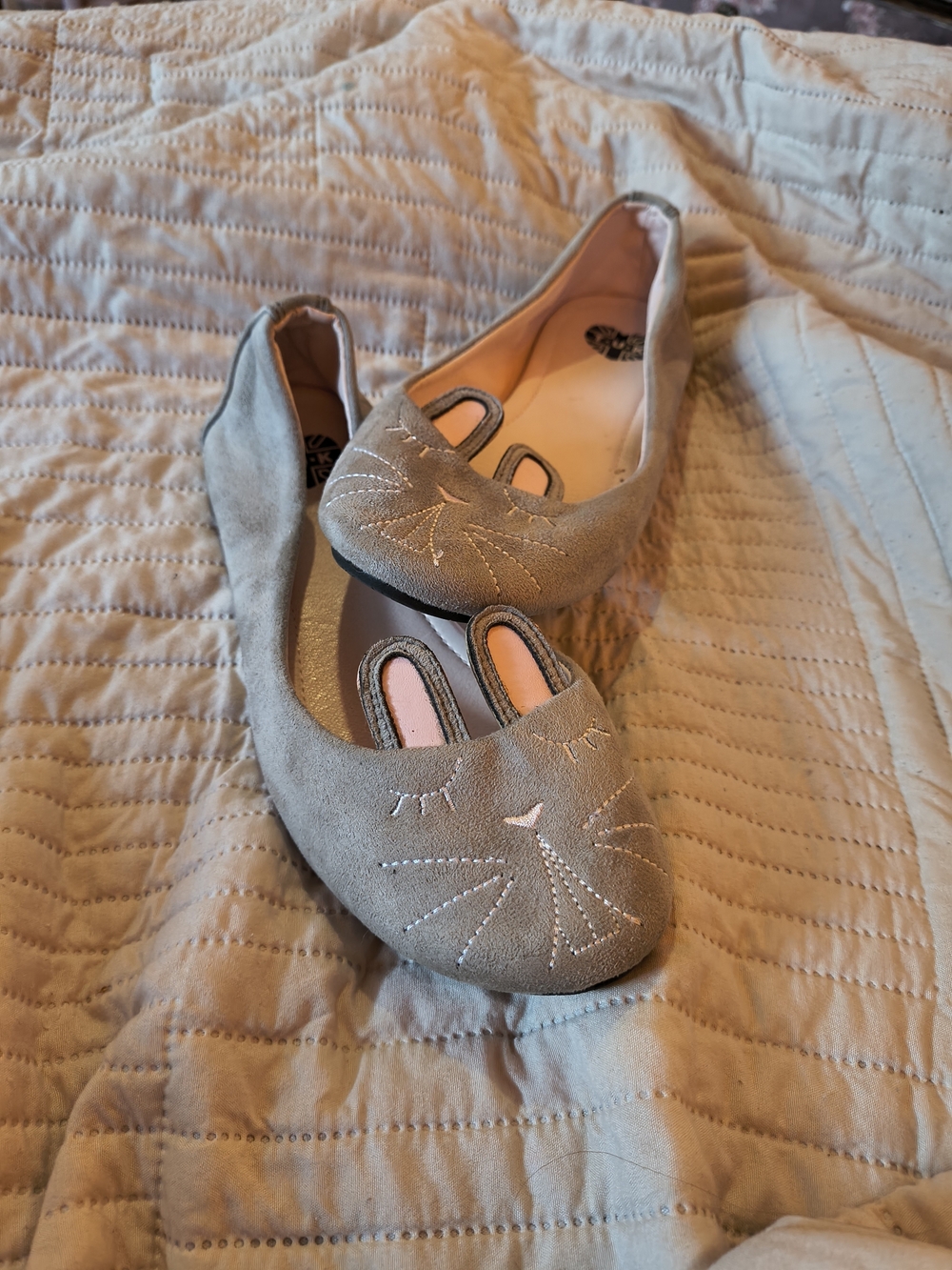 T.U.K Grey Suede Ballet Flats with Rabbit Ears And Embroidered Face. 6.5